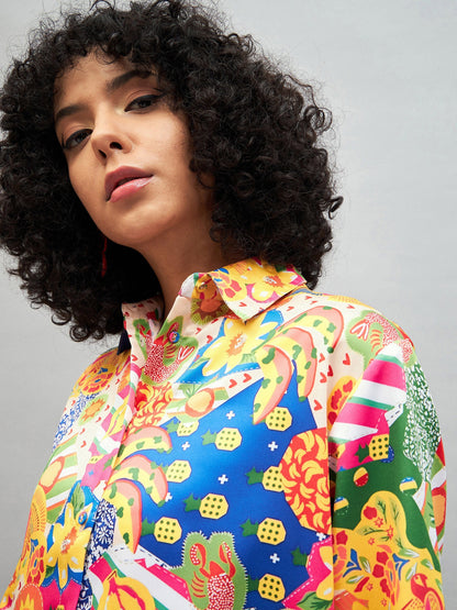 Yellow Multi Satin Abstract Oversized Shirt