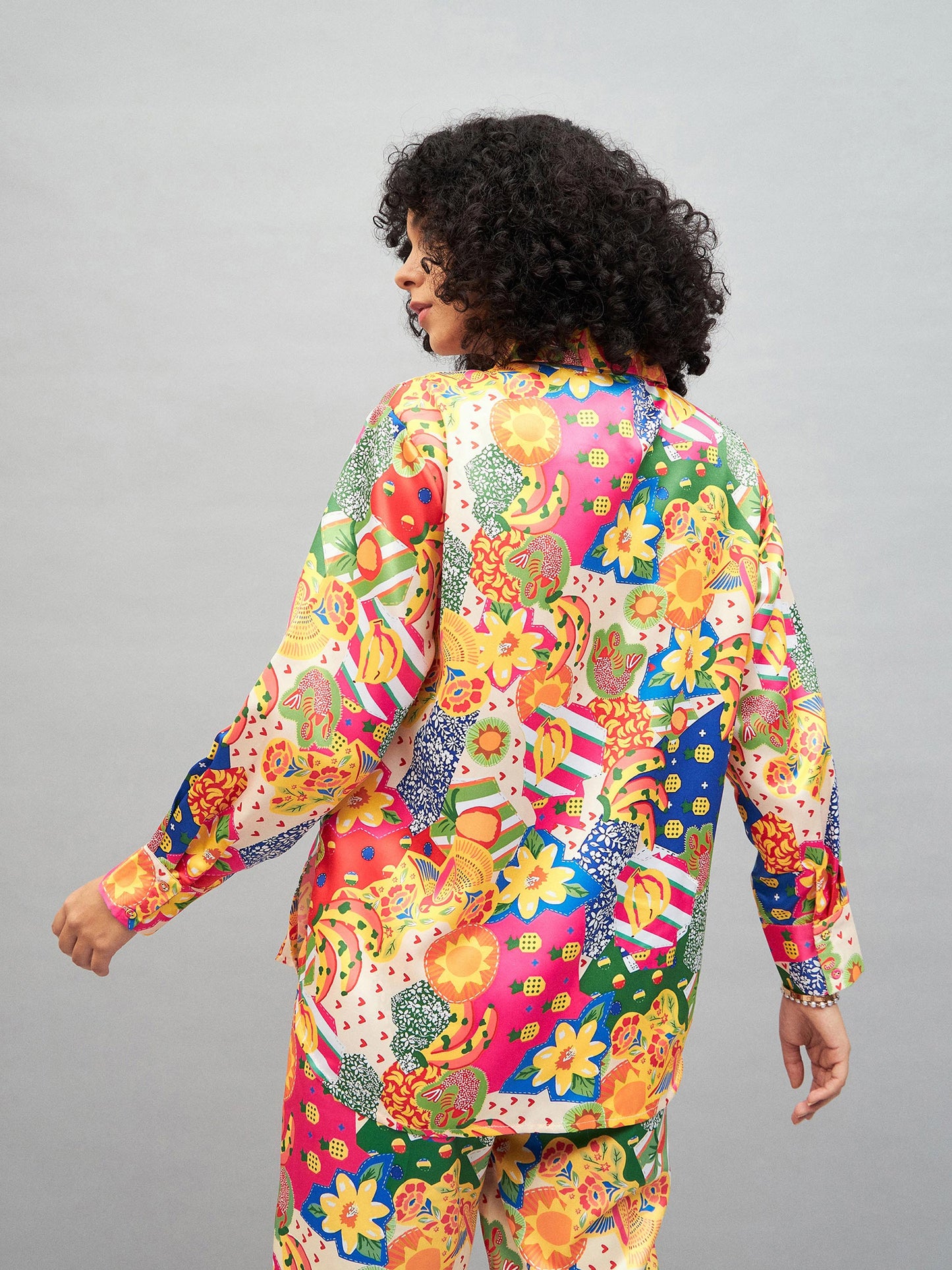 Yellow Multi Satin Abstract Oversized Shirt