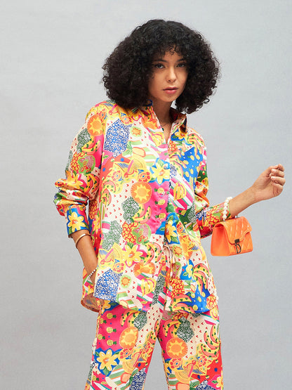 Yellow Multi Satin Abstract Oversized Shirt