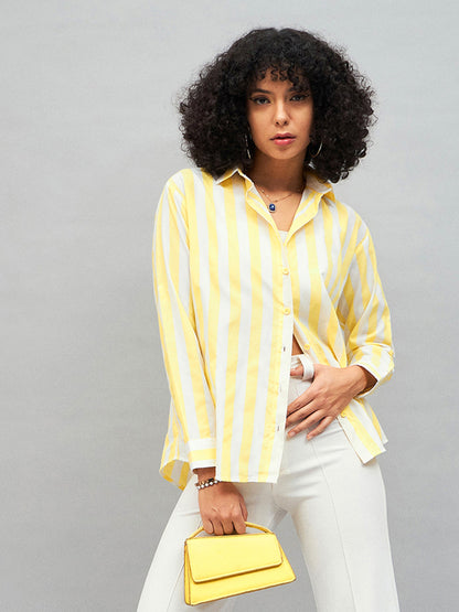 Yellow & White Cotton Striped Regular Shirt
