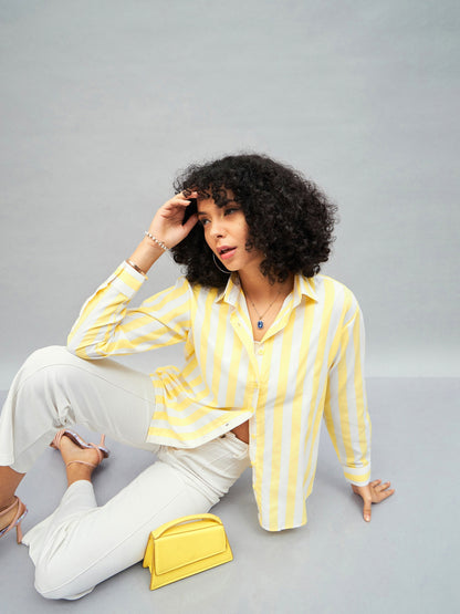 Yellow & White Cotton Striped Regular Shirt
