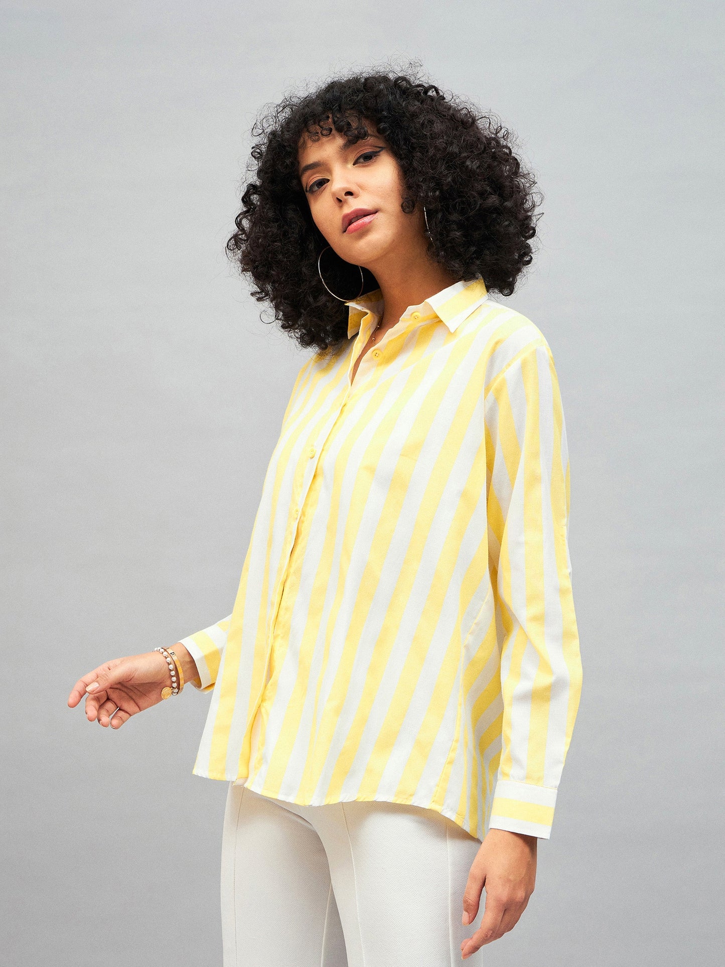 Yellow & White Cotton Striped Regular Shirt