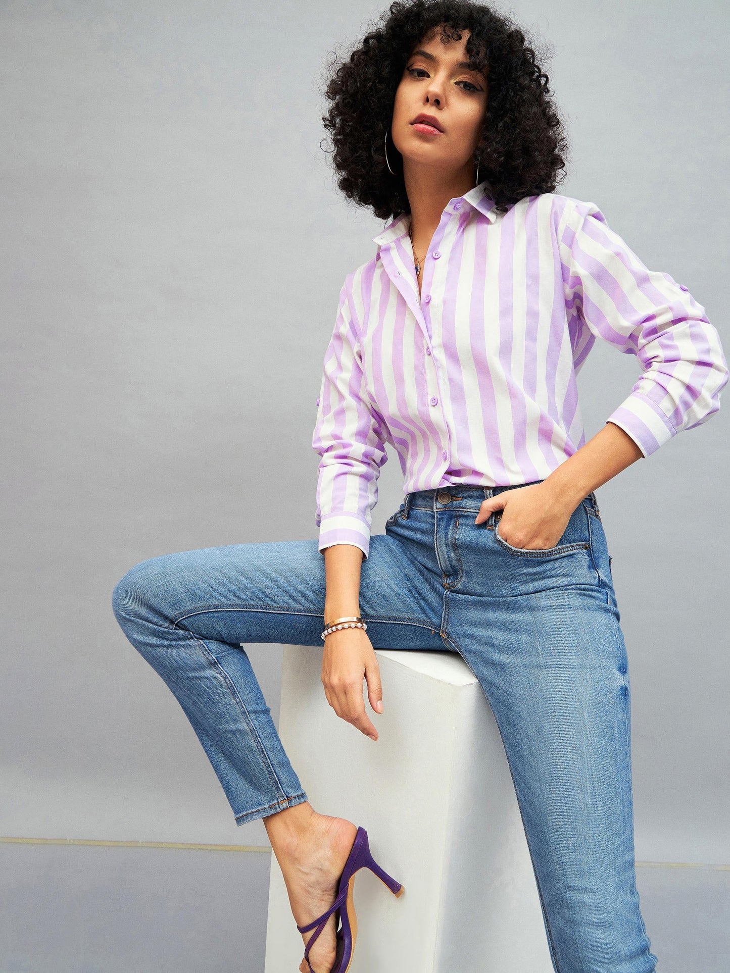 Purple & White Cotton Striped Regular Shirt