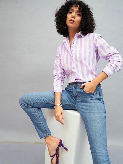 Purple & White Cotton Striped Regular Shirt