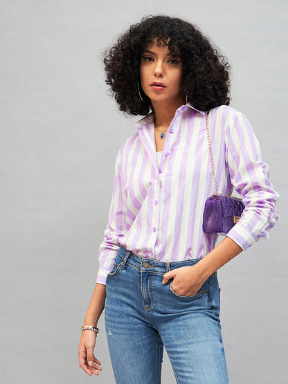 Purple & White Cotton Striped Regular Shirt
