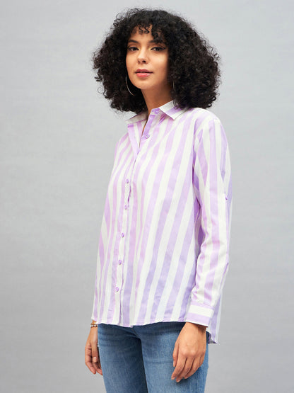 Purple & White Cotton Striped Regular Shirt