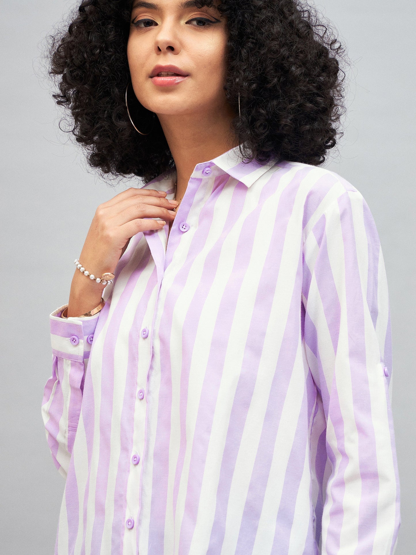 Purple & White Cotton Striped Regular Shirt