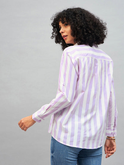 Purple & White Cotton Striped Regular Shirt