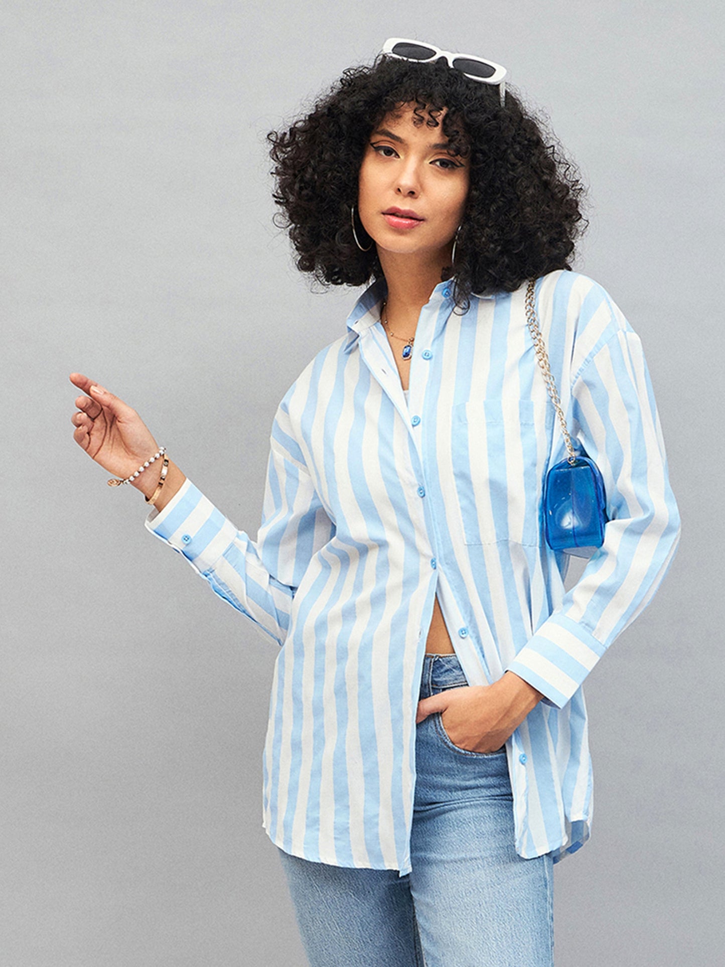 Blue & White Cotton Striped Oversized Shirt