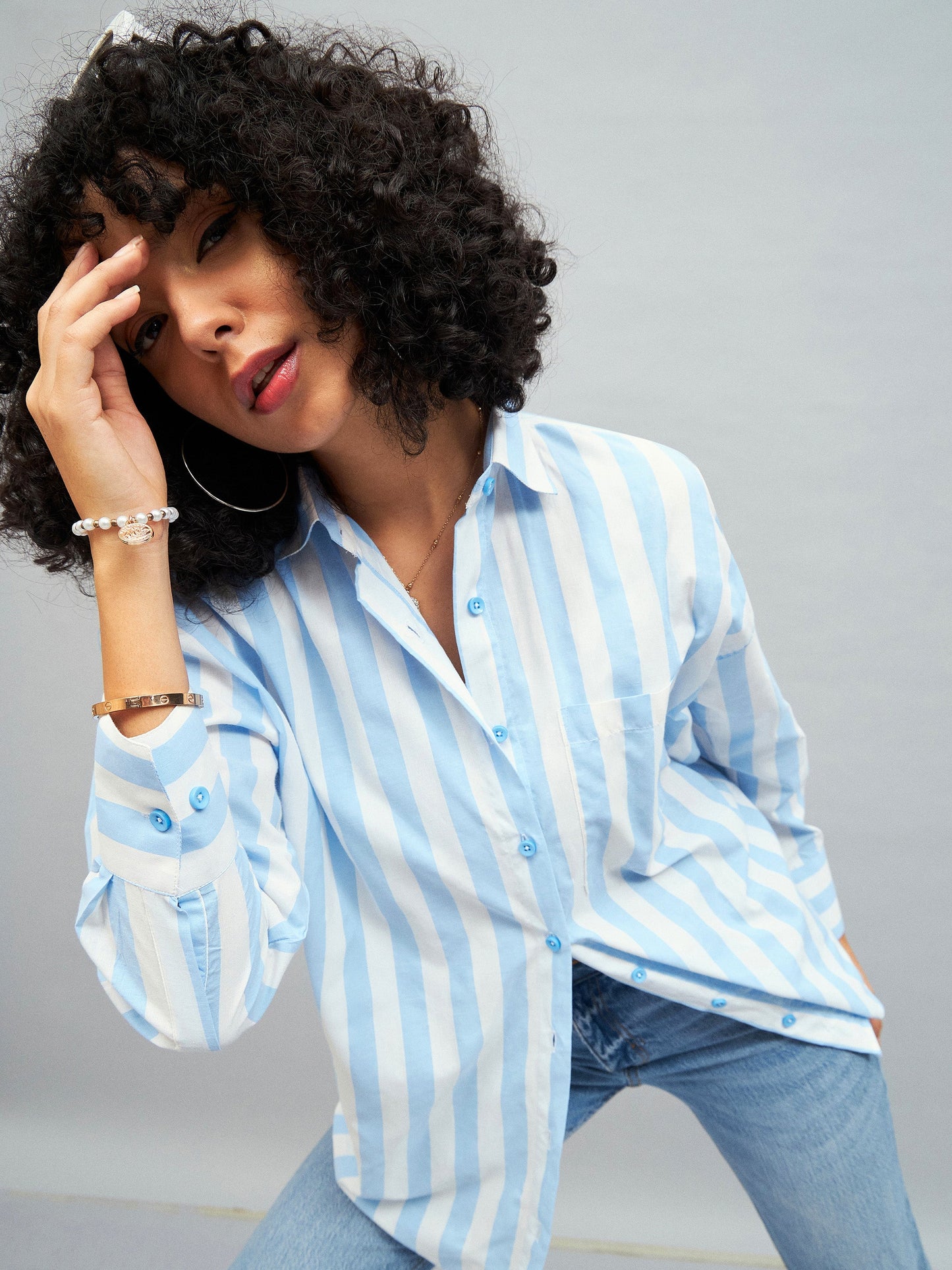 Blue & White Cotton Striped Oversized Shirt