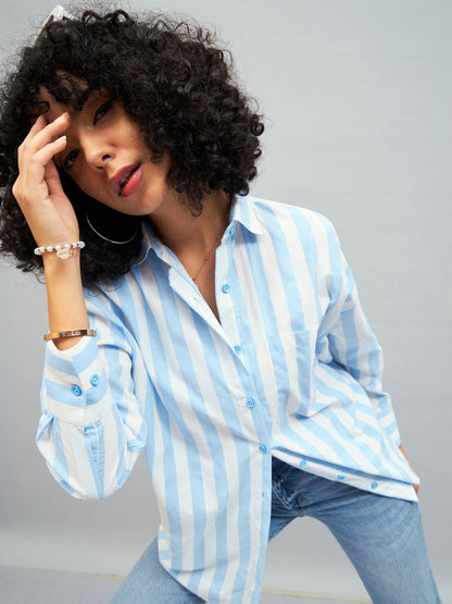 Blue & White Cotton Striped Oversized Shirt