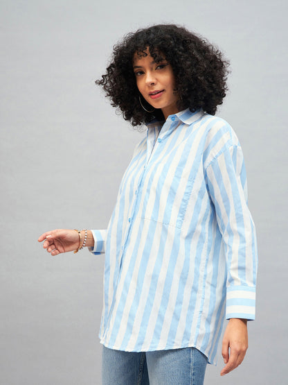 Blue & White Cotton Striped Oversized Shirt