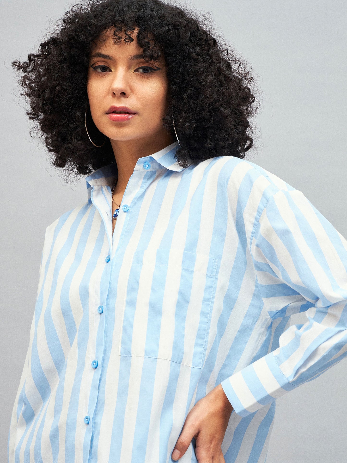 Blue & White Cotton Striped Oversized Shirt
