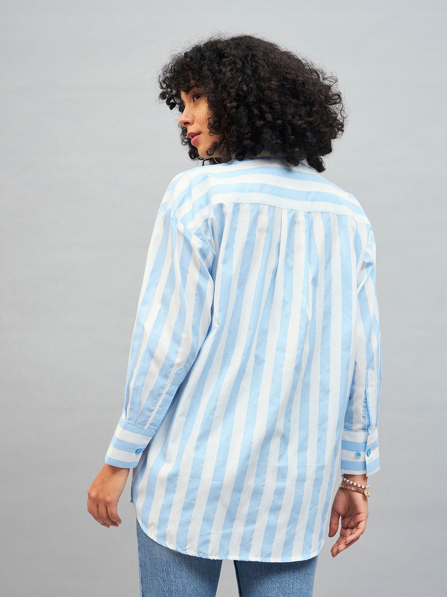Blue & White Cotton Striped Oversized Shirt