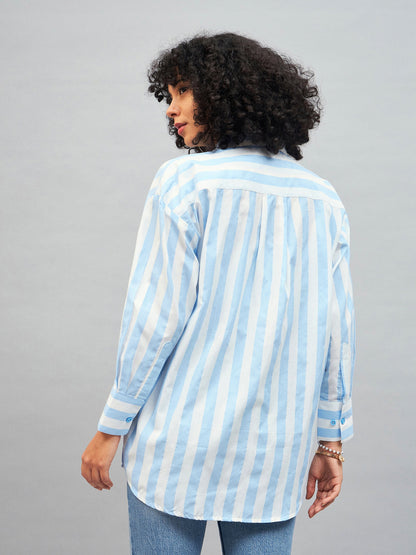 Blue & White Cotton Striped Oversized Shirt