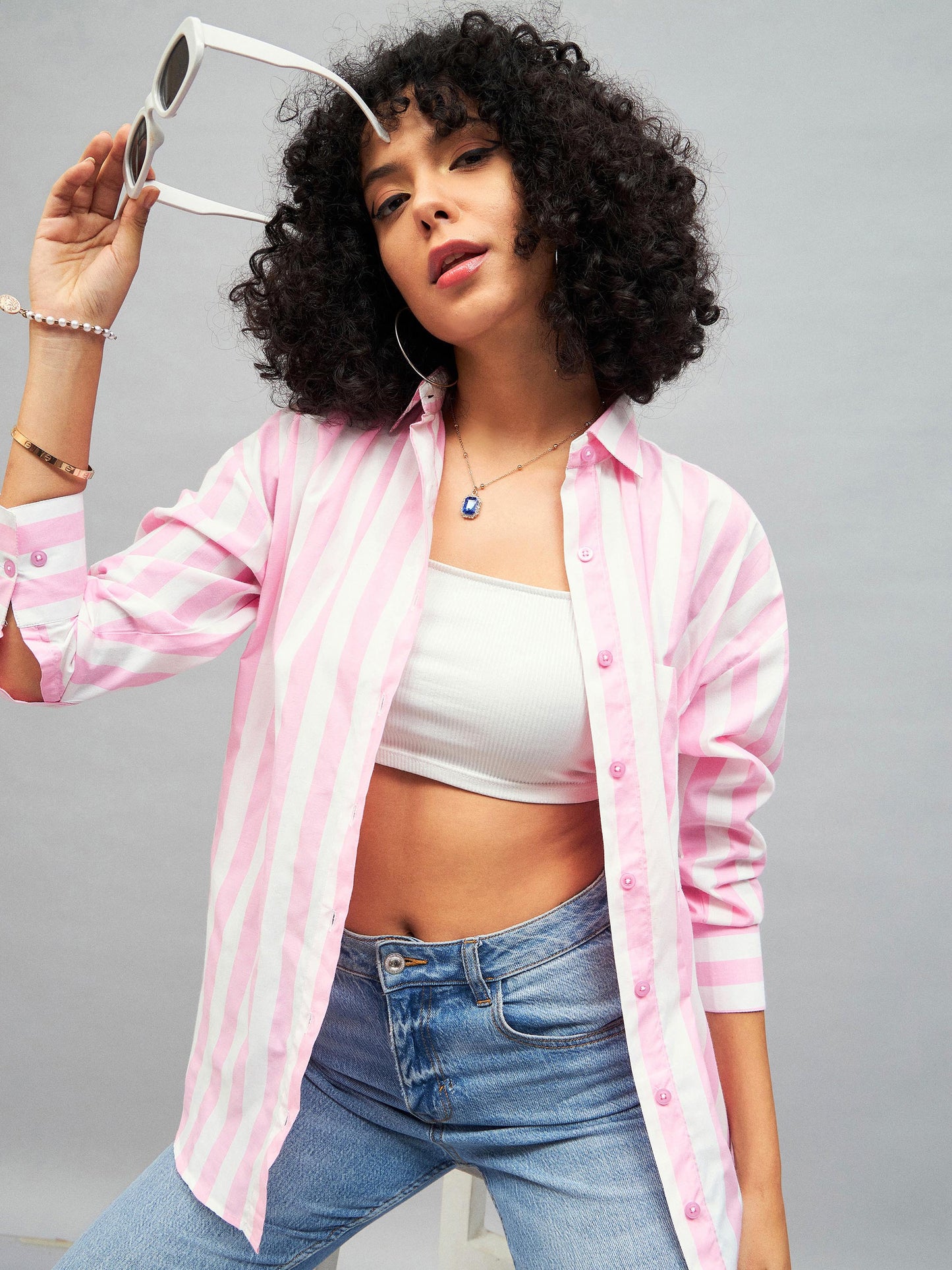 Pink & White Cotton Striped Oversized Shirt