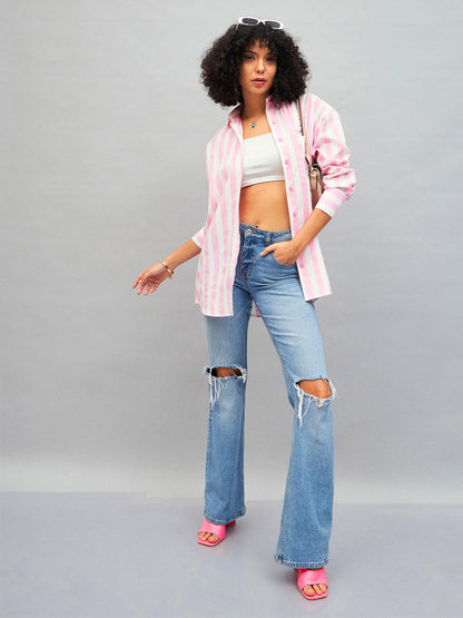 Pink & White Cotton Striped Oversized Shirt