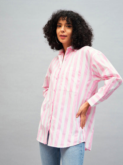 Pink & White Cotton Striped Oversized Shirt