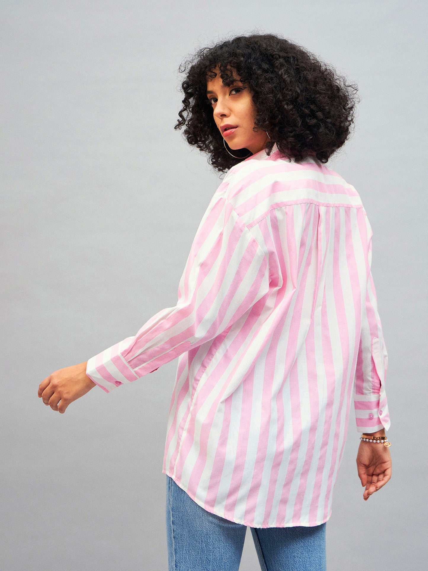 Pink & White Cotton Striped Oversized Shirt