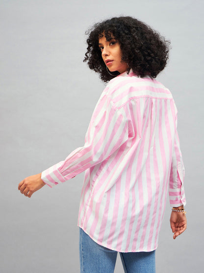 Pink & White Cotton Striped Oversized Shirt