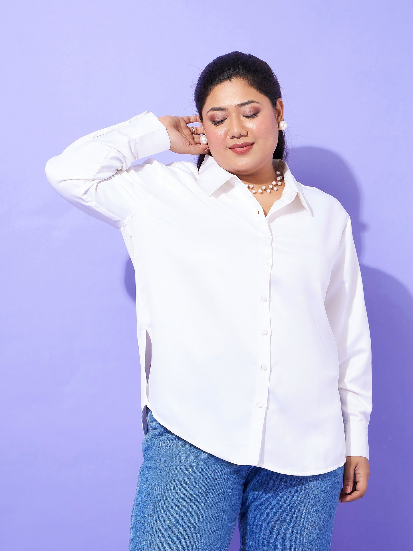 Plus size women's Off White Polyester Off White Regular Satin Shirt by Sassafras Curve for wholesale buyers, boutiques, resellers and bulk orders