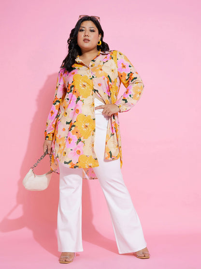 Orange Floral Printed Longline Shirt