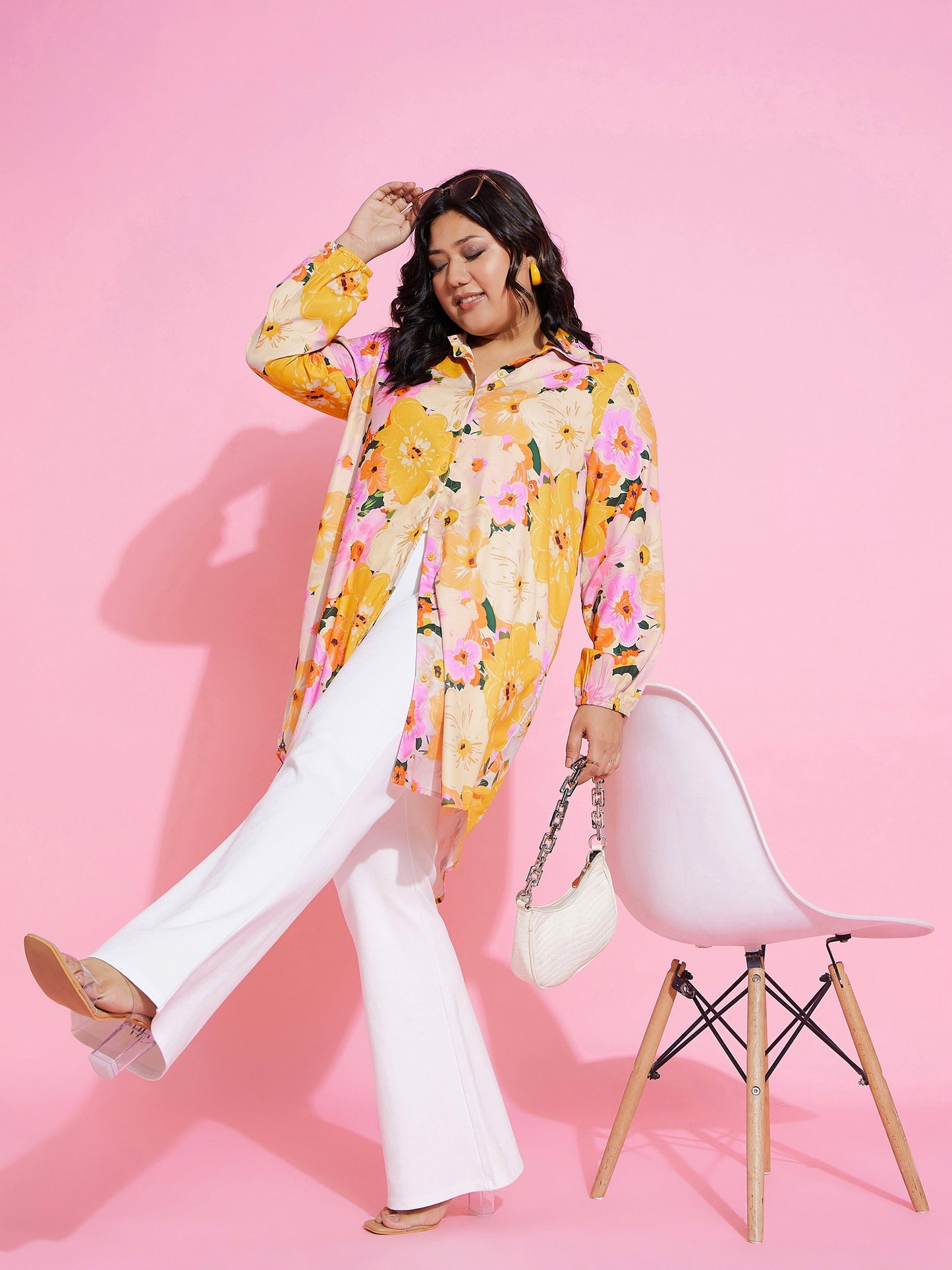 Orange Floral Printed Longline Shirt