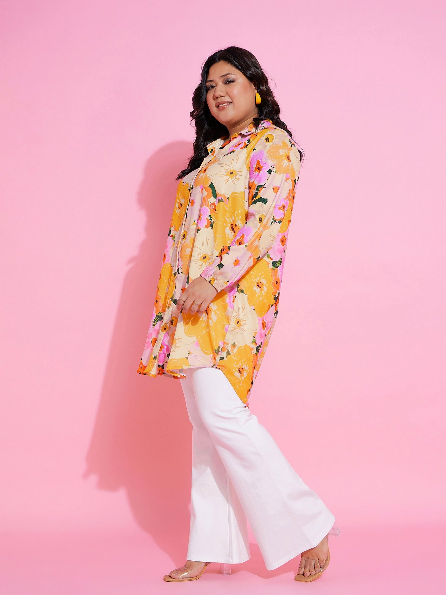 Orange Floral Printed Longline Shirt
