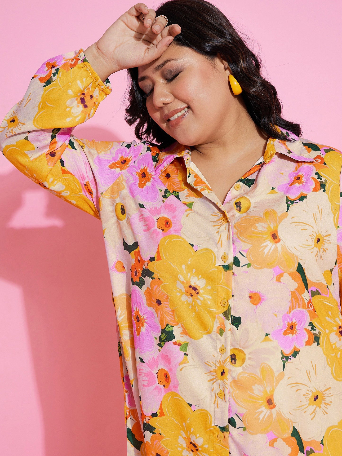 Orange Floral Printed Longline Shirt