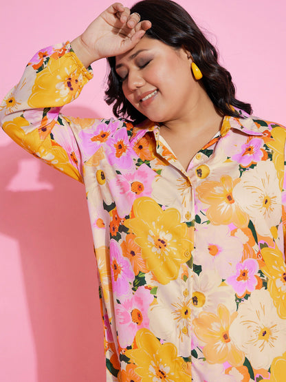 Orange Floral Printed Longline Shirt