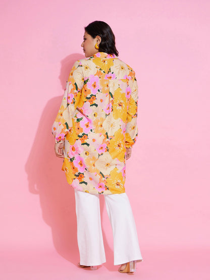 Orange Floral Printed Longline Shirt