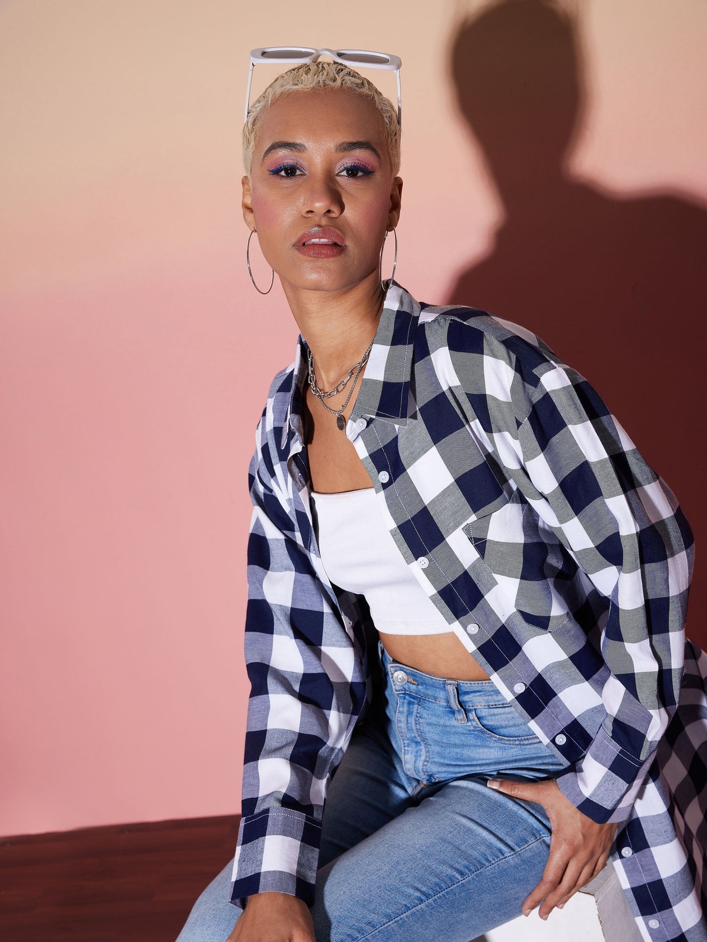 White & Navy Check Lounge Shirt