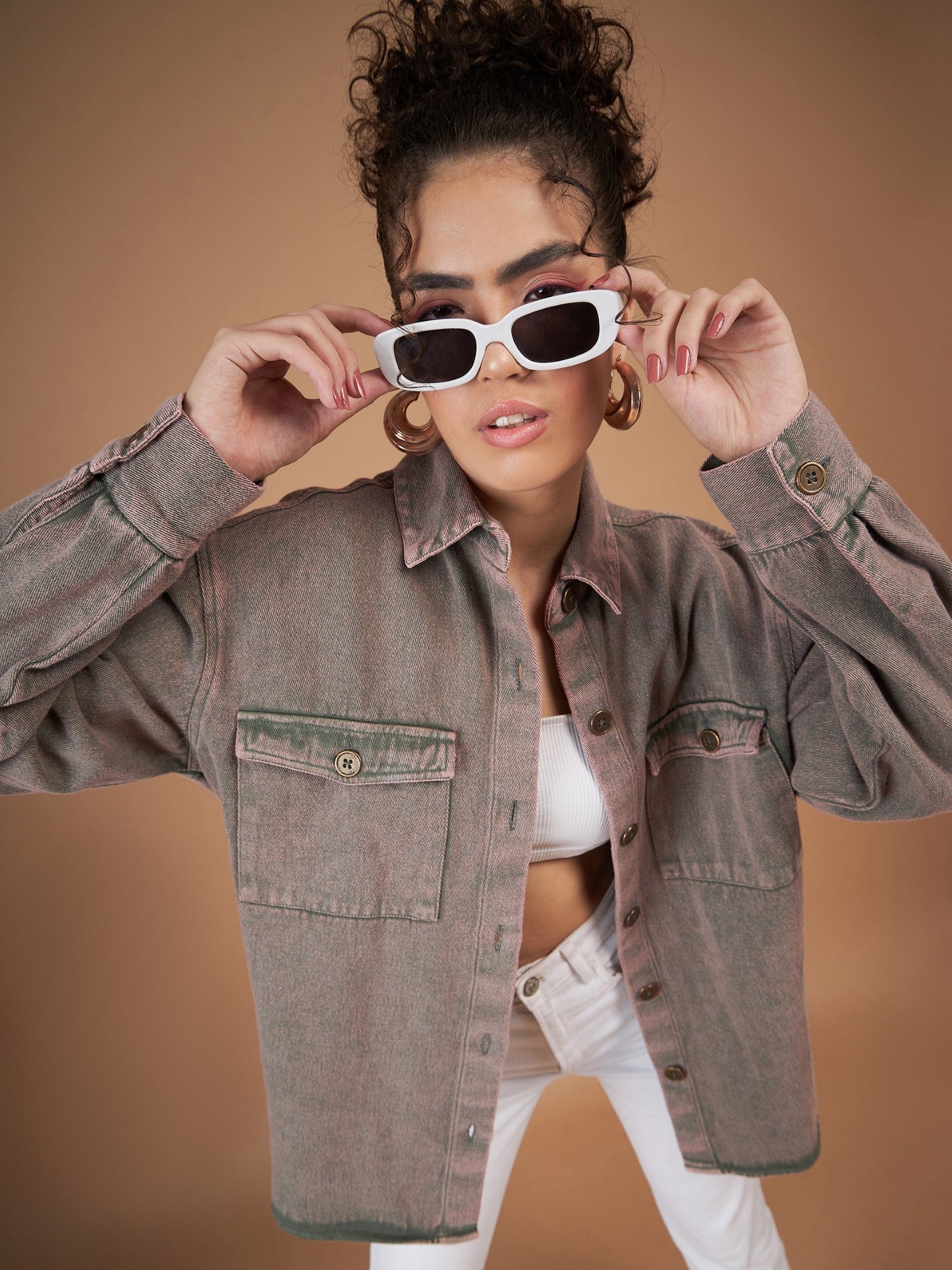 Beige Washed Denim Shacket
