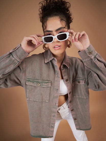 Beige Washed Denim Shacket