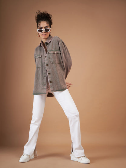 Beige Washed Denim Shacket