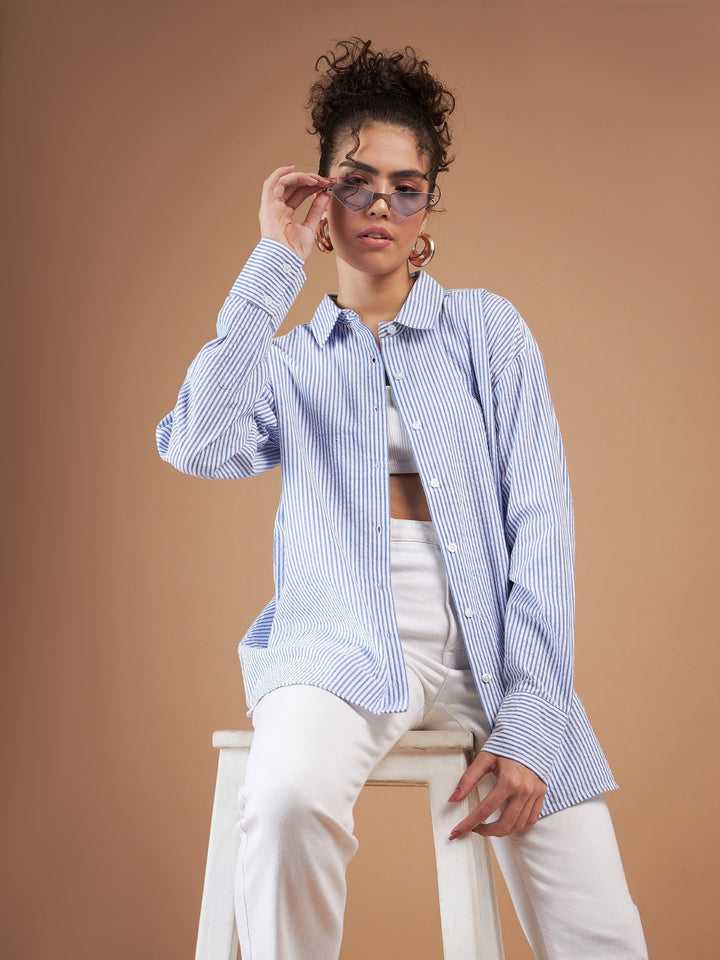 Women Blue &amp; White Striped Oversized Shirt