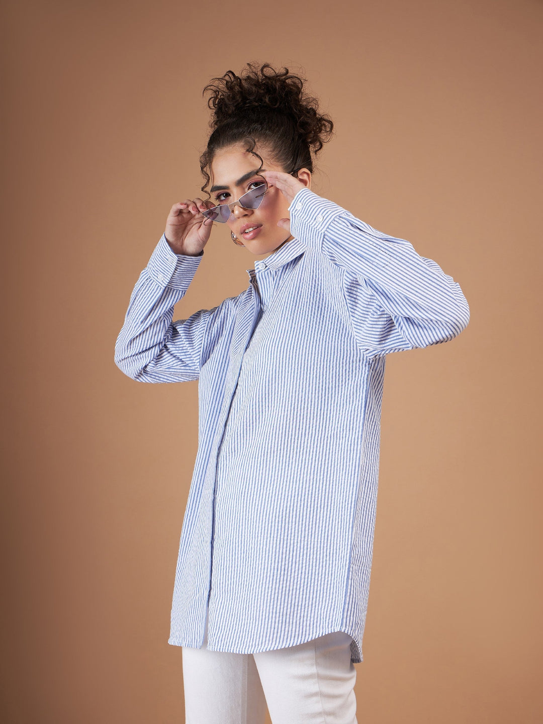 Women Blue &amp; White Striped Oversized Shirt