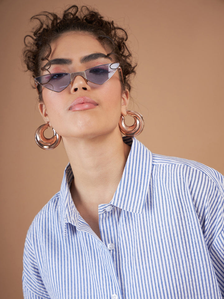 Women Blue &amp; White Striped Oversized Shirt