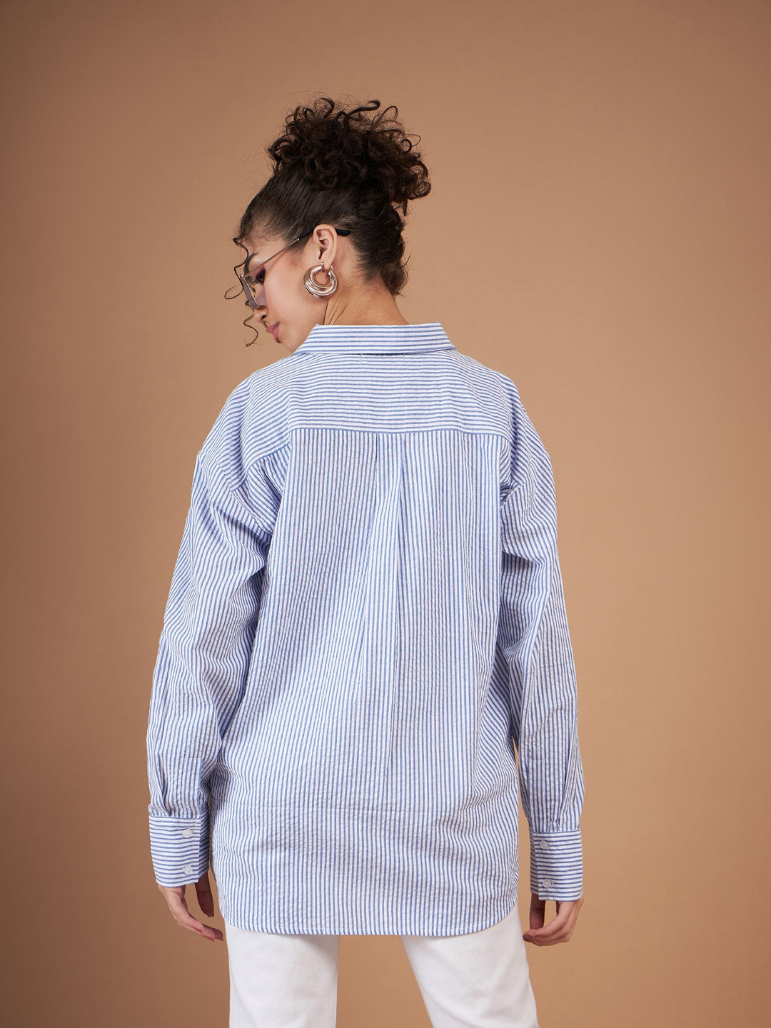 Women Blue &amp; White Striped Oversized Shirt