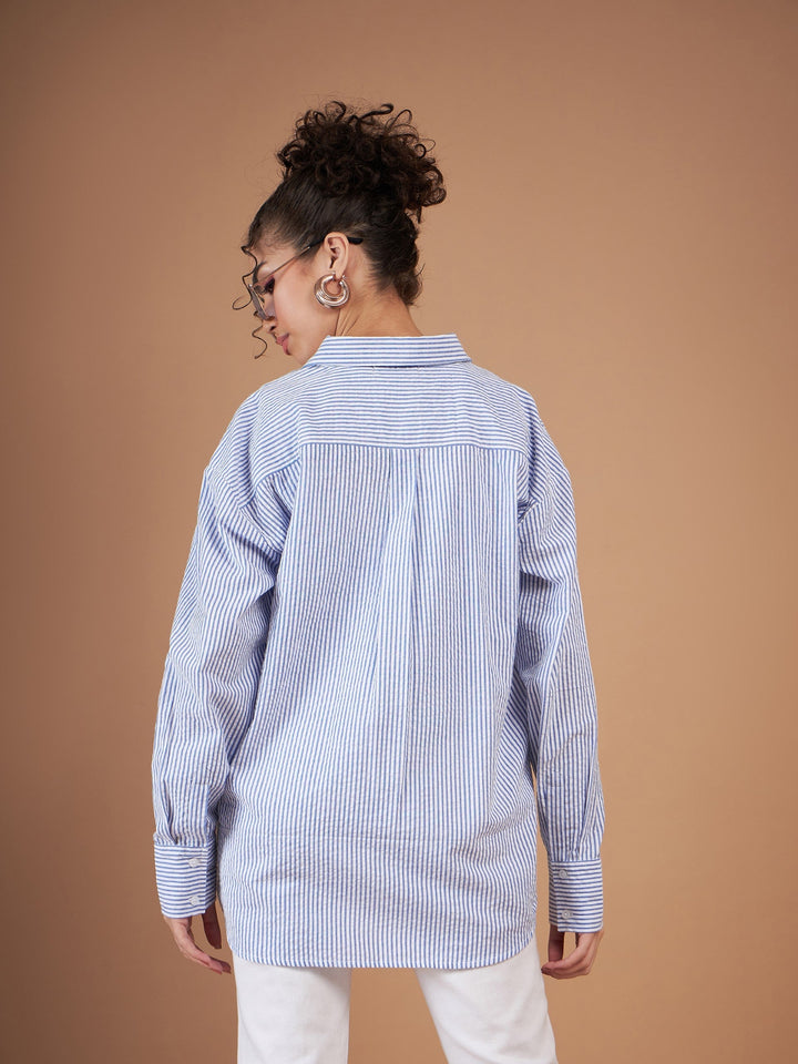 Women Blue &amp; White Striped Oversized Shirt