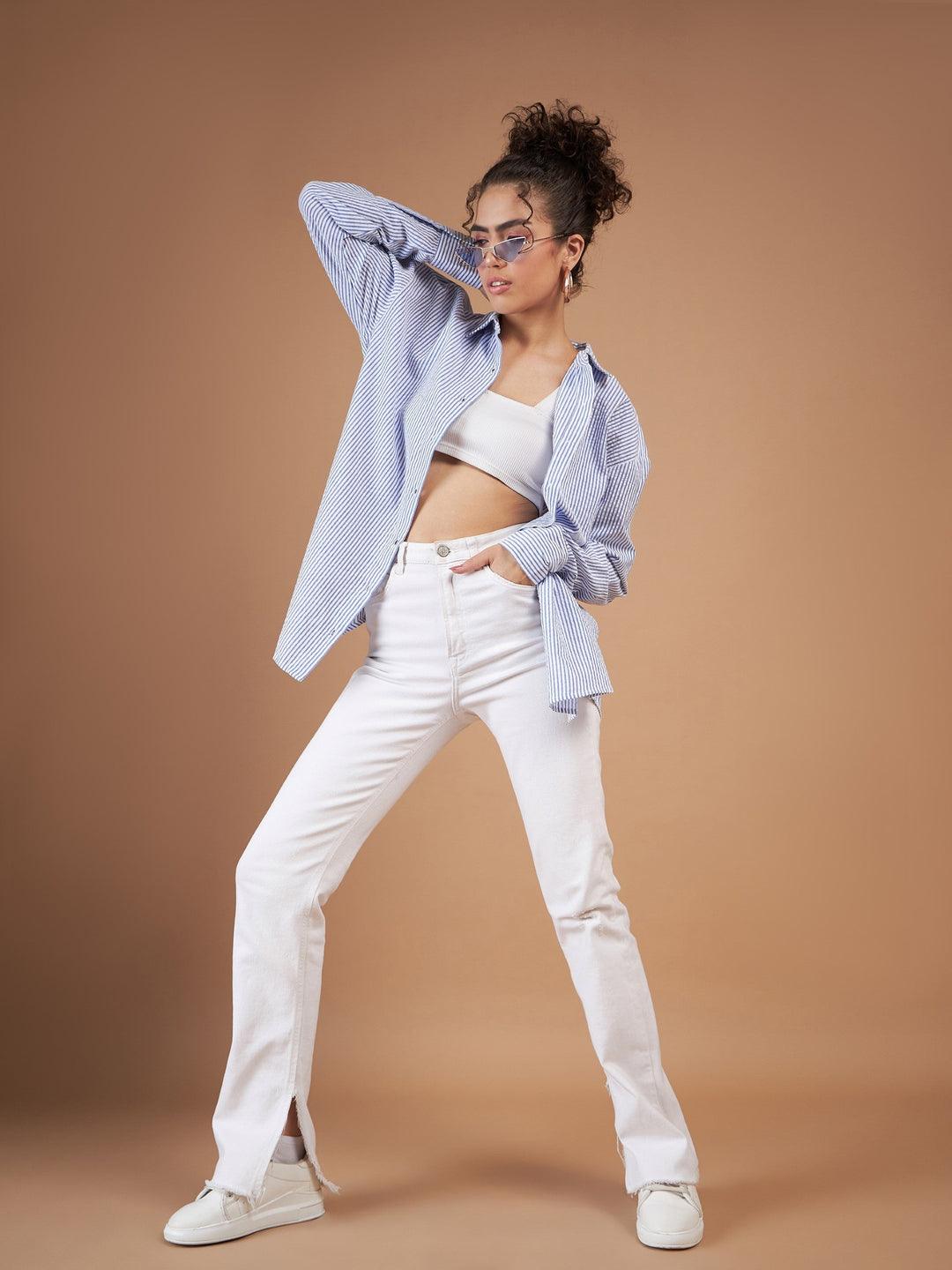 Women Blue &amp; White Striped Oversized Shirt