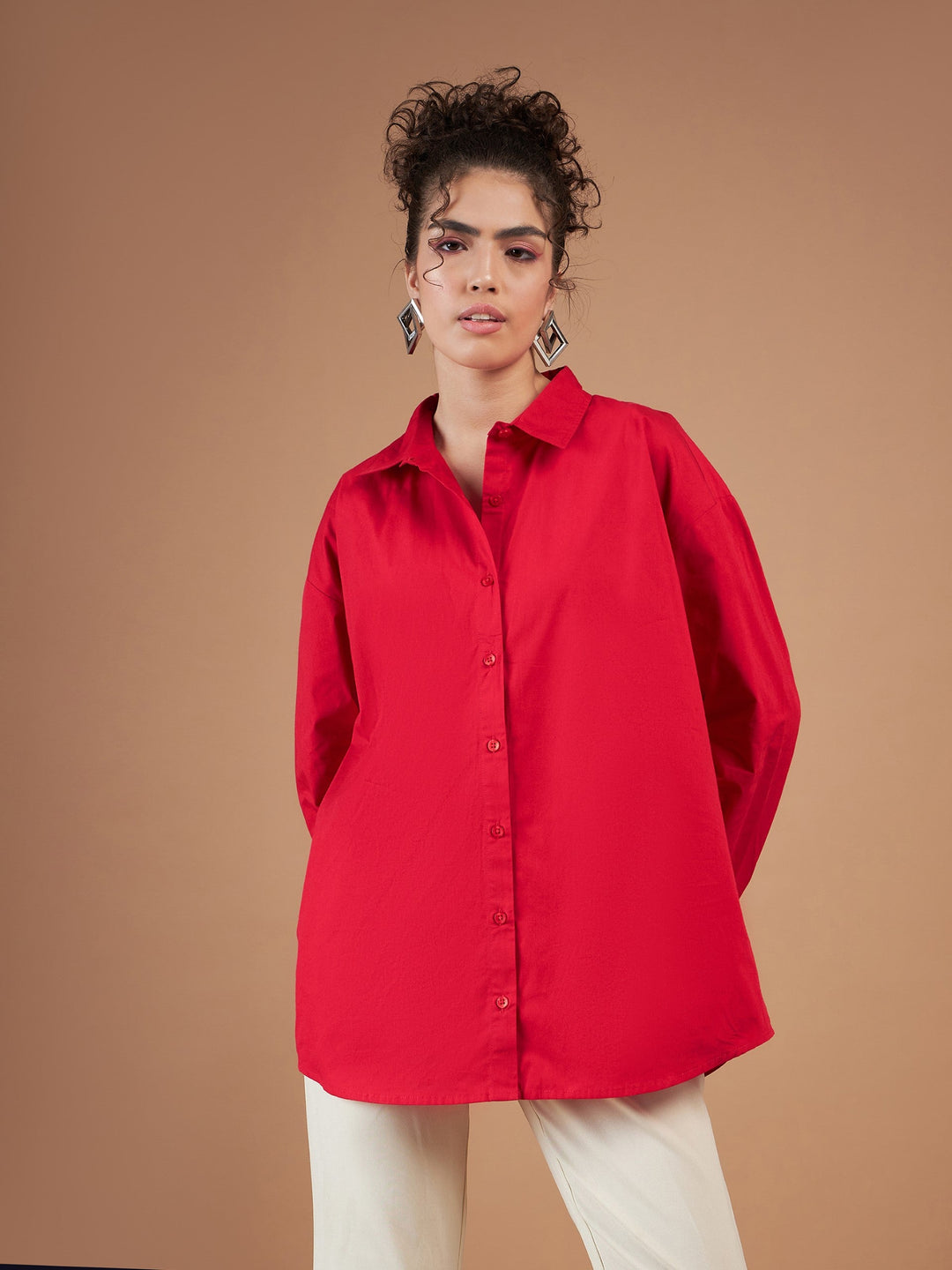 Women's Women Red Cotton Poplin Oversized Shirt in Cotton by Sassafras for wholesale, bulk, supplier, manufacturer and wholesaler buyers from Trendphoria