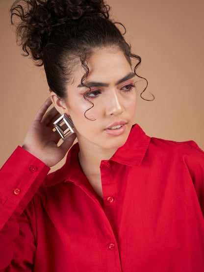 Women Red Cotton Poplin Oversized Shirt