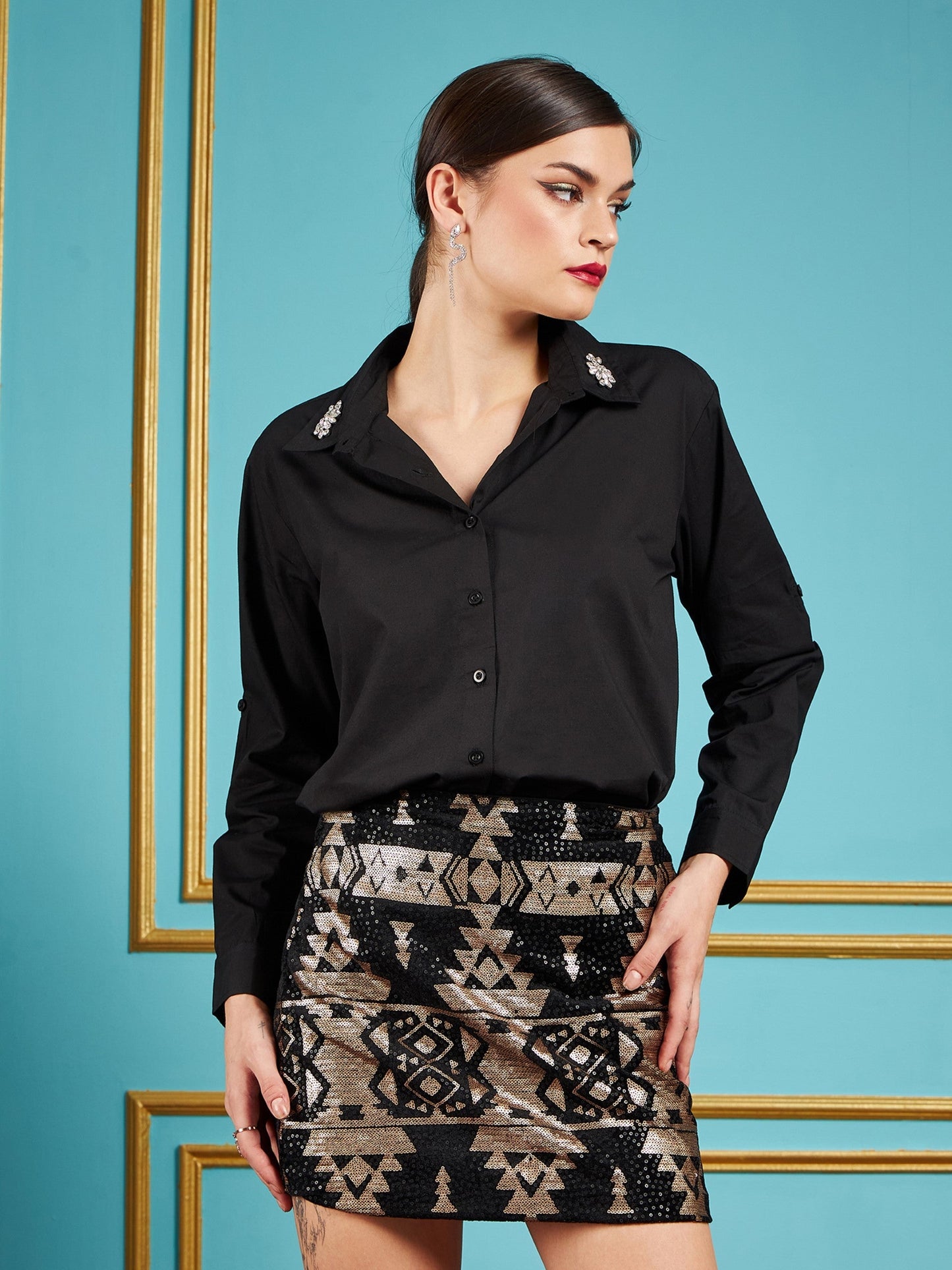 Black Poplin Collar Studded Regular Shirt