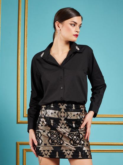 Black Poplin Collar Studded Regular Shirt