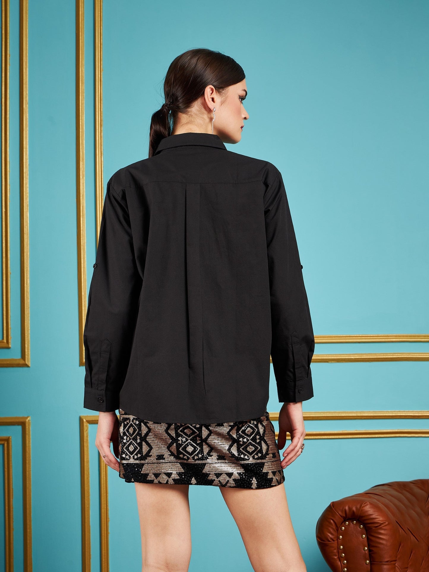 Black Poplin Collar Studded Regular Shirt