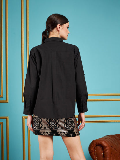 Black Poplin Collar Studded Regular Shirt