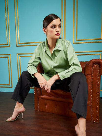 Olive Poplin Collar Studded Regular Shirt