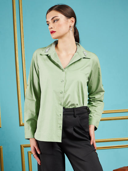 Olive Poplin Collar Studded Regular Shirt