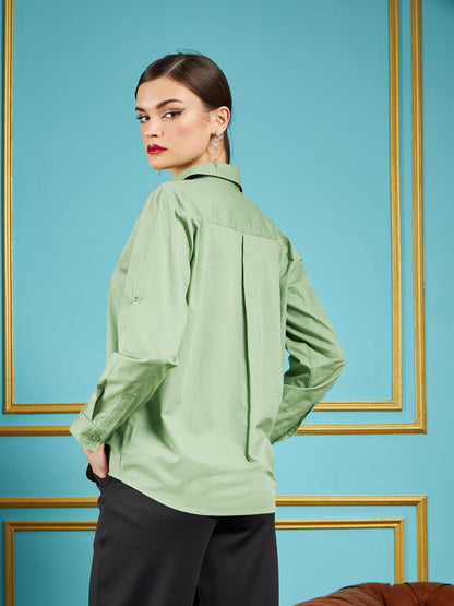 Olive Poplin Collar Studded Regular Shirt